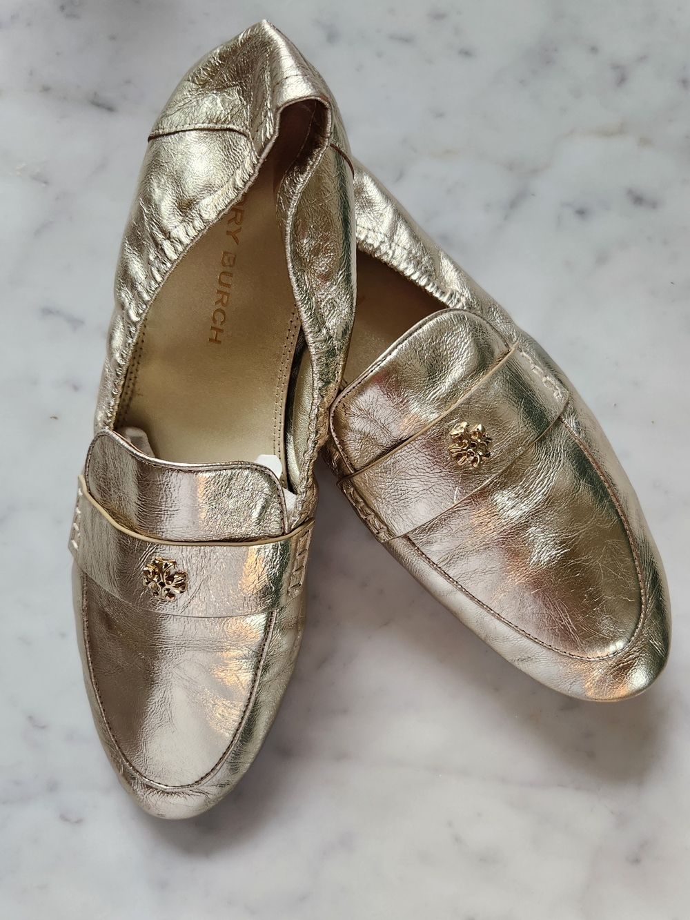 Tory Burch Ballet Loafer Metallic Gold Spark Leather, Sz 10